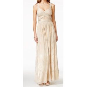 Betsy & Adam Tan Gold Shimmer Halter Gown 2